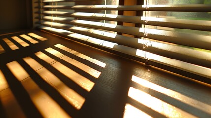 Warm sunlight shines through the blinds of a window, casting a pattern of light and shadow on the floor.
