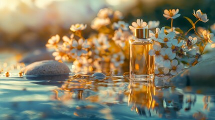 a perfume bottle with flowers over the background - obrazy, fototapety, plakaty