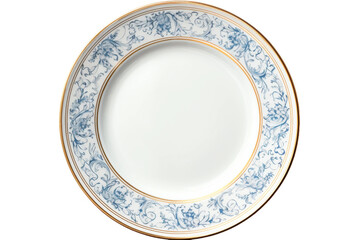 Blue and White Plate With Gold Trim. On a White or Clear Surface PNG Transparent Background.