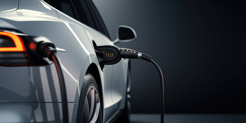 An electric car is charging from a charging station on a black background. Fuel for electric vehicles. Connecting and charging a hybrid car.Copy space for text