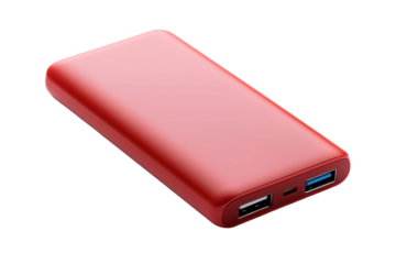 Red Power Bank on White Surface. On a White or Clear Surface PNG Transparent Background.