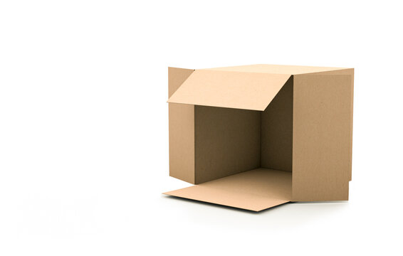 3D Rendering, Empty and opened Paper Box mock up, Isolated on White Background