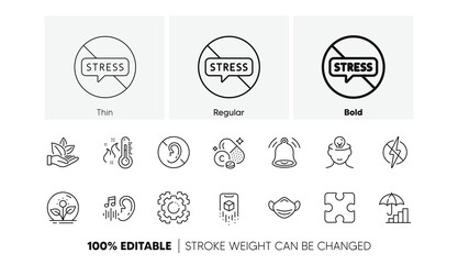 Bell alert, Antistatic and Augmented reality line icons. Pack of Hearing, High thermometer, No hearing icon. Puzzle, Incubator, Vitamin c pictogram. Mental health, Medical mask, Stop stress. Vector