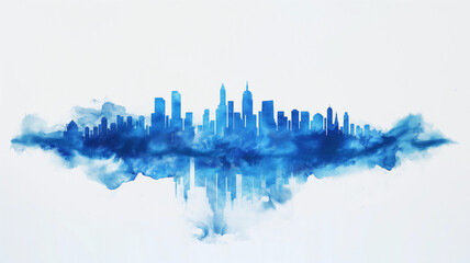 Watercolor silhouette of a city skyline enveloped in blue mist.