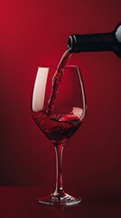 Red wine is poured from a bottle into a glass, photography, minimalism, scarlet background