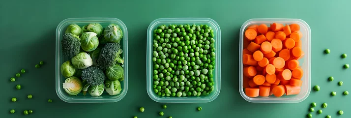 Foto op Aluminium Various frozen vegetables in plastic containers on green background, top view. Frosty green peas, orange carrots, and green brussels sprouts, food preservation concept. © Alina