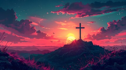 Good Friday Banner Featuring a Cross on a Hill - obrazy, fototapety, plakaty