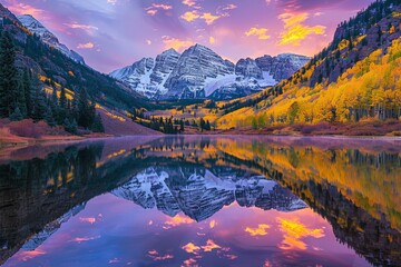 A breathtaking landscape of the Rocky Mountains at sunrise, Reflection of snow-capped mountain and autumn trees on tranquil lake at dusk, sky painted in shades of pink and blue.