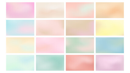 Naklejka premium Abstract gradient banner set. Blurred light fresh color background. Pastel pink, blue, mint, yellow, beige smooth spots. Neutral Liquid stain copy space banner. Vector gentle template illustration