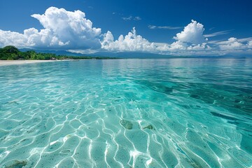 tranquil seascape expands under fluffy clouds, bordered by a lush island, inviting peaceful contemplation. Calm maritime horizon unfolds beneath soft cloud formations, edged by verdant land,
