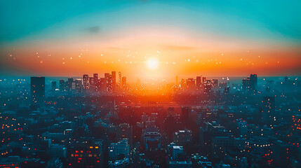 Fototapeta premium Golden Sunset Over Urban Skyline, Cityscape Silhouette with Warm Evening Light, Peaceful Scenery