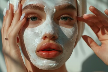 A close up portrait of woman face applied facial mask made of organic natural material. hand on face with white manicured nails. copyspace banner for fashion and health skin care website, AI generated