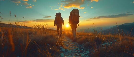 Teenagers hiking in mountains exploring outdoors embracing active lifestyle and nature. Concept Hiking, Teenagers, Outdoors, Active Lifestyle, Nature - obrazy, fototapety, plakaty
