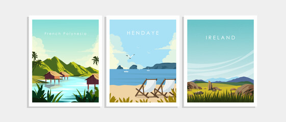 Set of tourist posters, postcards, banners, travel