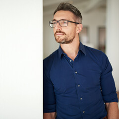 Thinking, planning and business man in office for inspiration, idea or future goals. Professional,...