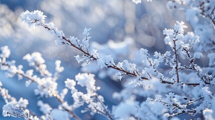 Frost and snow on branches. Beautiful winter seasonal background. Photo of frozen nature. ,Generative ai, 