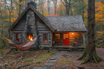 A cozy cabin in the woods, with a warm fire and a view of the mountains
