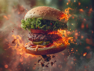 A bursting burger symphony explodes from a vibrant food truck, flames dancing in the background. - obrazy, fototapety, plakaty