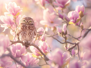 A cute little owl perched on the edge of an enchanting magnolia tree, surrounded by blooming flowers in soft pastel hues, creating a dreamy and magical atmosphere. Owl on  magnolia tree - 780348429