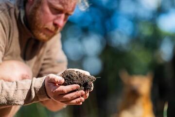 regenerative organic farmer, taking soil samples and looking at plant growth in a farm. practicing sustainable agriculture in australia
