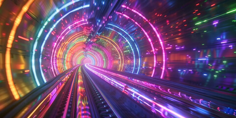 Naklejka premium High-speed light trails through the tunnel, 3d colorful blue red pink oraange glowing grid tunnel with black hole, Cosmic wormhole. Abstract colorful tunnel banner