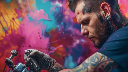 Bearded man with tattoos and piercings works on an art project with spray paint. He is wearing...