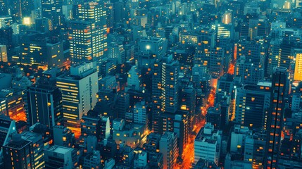 A stunning aerial view of a modern city at night. The city is full of tall buildings, skyscrapers, and bright lights.