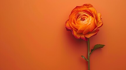 Beautiful orange rose on a solid orange background. The rose is in full bloom with its petals open and facing the viewer.