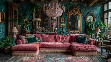 Opulent Vintage Living Room Interior with Pink Sofa and Green Wallpaper