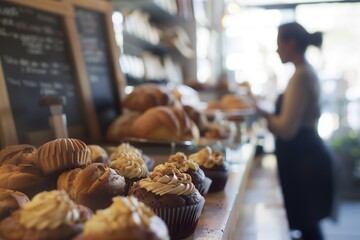 closeup assortment of muffins and loaves on display in front, with the silhouette or blurred figure behind working at a counter or bar area. menu items, adding to the rustic coffee shop ambiance - obrazy, fototapety, plakaty