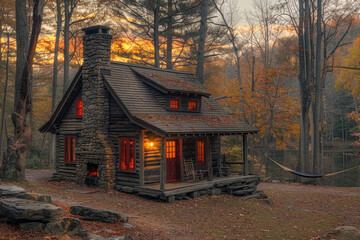 A cozy cabin in the woods, with a warm fire and a view of the mountains