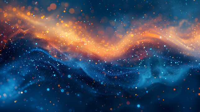 A blue background with orange defocused sparkles falling down. Abstract banner with smokey dark blue backdrop and illuminated bokeh particles in red and amber orange colors. Generative Ai.