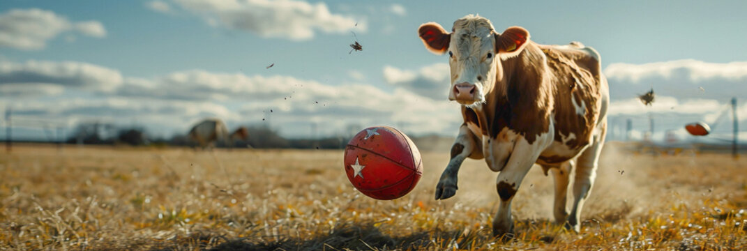 a Cow playing with football beautiful animal photography like living creature