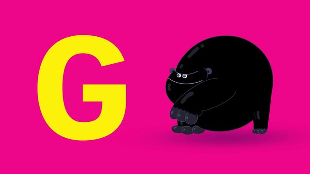 G letter big color like gorilla cartoon animation. Animal loop. Educational serie with bold style character for children. Good for education movies, presentation, learning alphabet, etc...