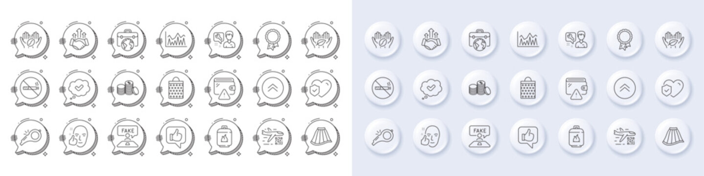 Swipe up, Skirt and Success line icons. White pin 3d buttons, chat bubbles icons. Pack of Banking money, Shopping bag, Life insurance icon. Qr code, Businessman case, Repairman pictogram. Vector