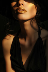 Glamour portrait of elegant woman in sunlight with golden lips