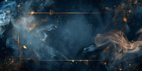 A dark blue background with golden decoration, empty rectangular frame on blue background  surrounded by swirling smoke and glittering particles.