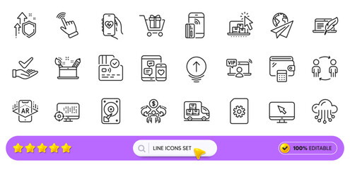 Internet, Contactless payment and Cursor line icons for web app. Pack of Health app, Paper plane, Seo pictogram icons. Augmented reality, File management, Copyright laptop signs. Search bar. Vector