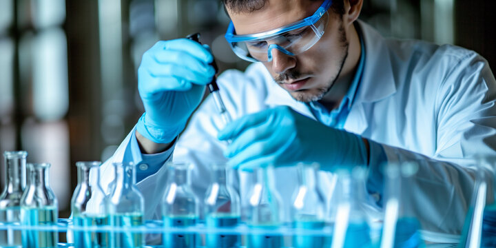 Portrait of a male Scientist in Goggles Using Micro Pipette for Test Analysis. Advanced Scientific Lab for Medicine, Biotechnology, Microbiology Development