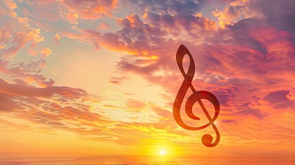 treble clef against sunset sky, symbolizing the beauty of music and nature. Banner design