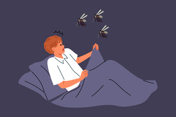 Mosquitoes will attack sleeping man lying in bed, and horrified by sight of giant flying insects. Guy nightmare with malaria mosquitoes carrying infections that cause illness or death