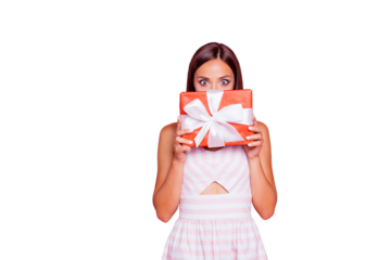 Portrait of style stylish funky funny lady she hold her red big box white ribbon near face make staring eyes stand isolated on pink pastel shine background in white fancy spring summer dress