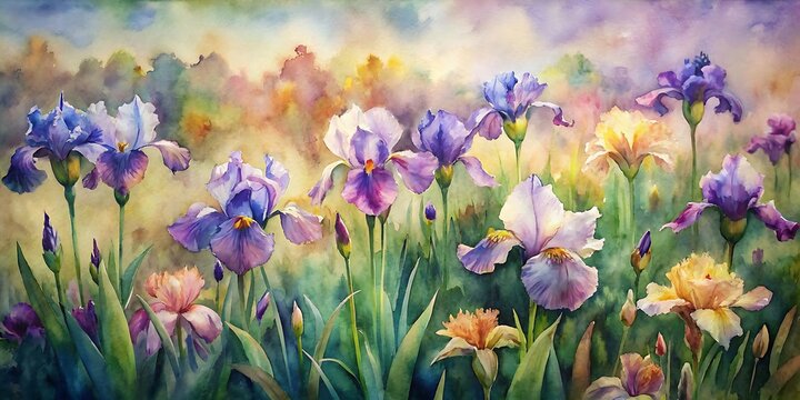 Beautiful Irises painted with watercolor, Irises Watercolor, Spring Watercolor flowers, Spring Background