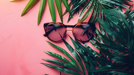 Summer Fashion Meets Tropical Nature - Sunglasses Style on a Pink Backdrop