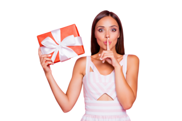 This is confidential information! Brunette feminine lady she hold big red case box with white ribbon make shh sign isolated on vivid pink pastel background in fancy summer spring striped wear