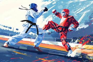 Taekwondo athletes wearing sports uniform. Athletes wrestling martial art. Competition and tournament. Generated by AI - obrazy, fototapety, plakaty