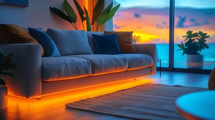 Fototapeta na wymiar Modern Living Room With Sunset View Through Glass Door