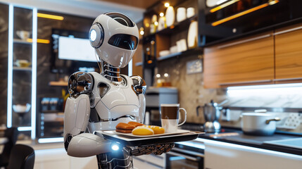 AI domestic assistant in modern kitchen serving breakfast. Futuristic robot waiter with food and coffee on tray in home setting