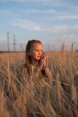 Cute little girl in field at sunset	