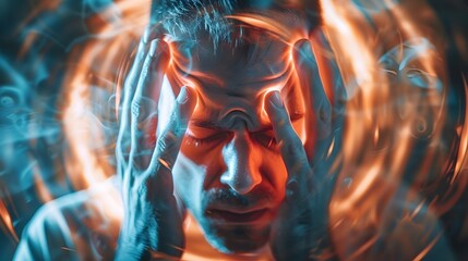 Vertigo Illness Concept Depicting Man Experiencing Dizziness,Headache and Sense of Spinning Due to Inner Ear,Brain or Sensory Nerve Issues - obrazy, fototapety, plakaty